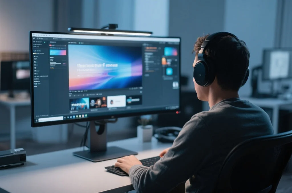 用户在桌面电脑上享受蓝狮的沉浸式娱乐体验